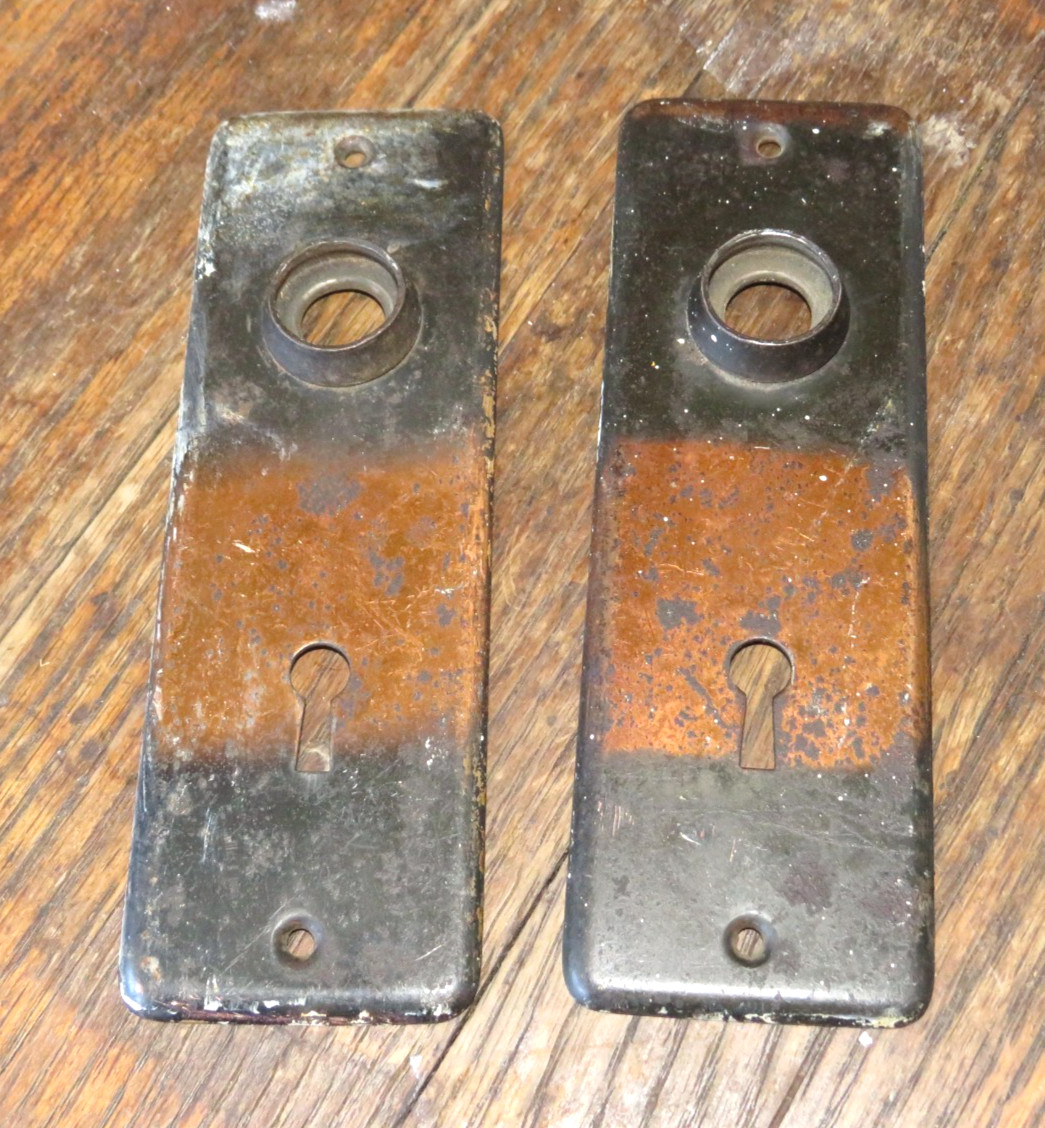 2 Matching Antique Doorknob Backplates with Original Copper Wash, 5 3/4 In