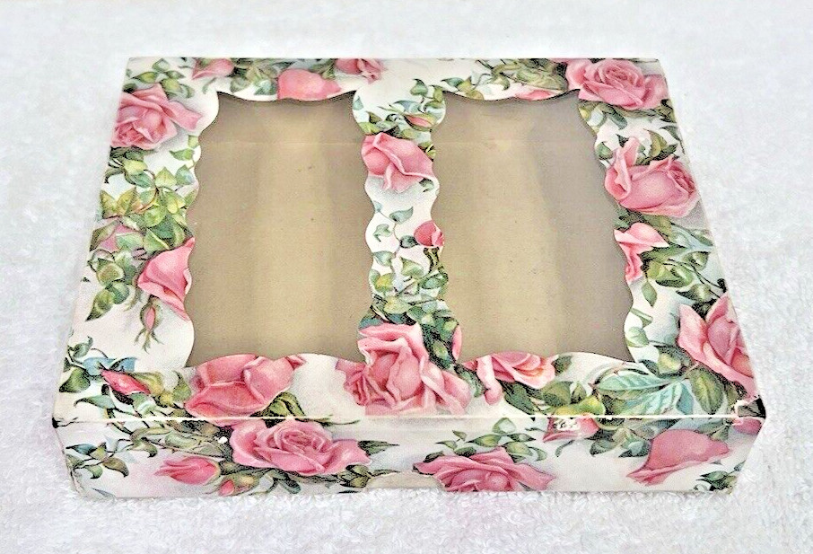 Antique Pink Roses Paper & Glass Candy Box 6 1/4 x 5 1/4 Inches Has Wear