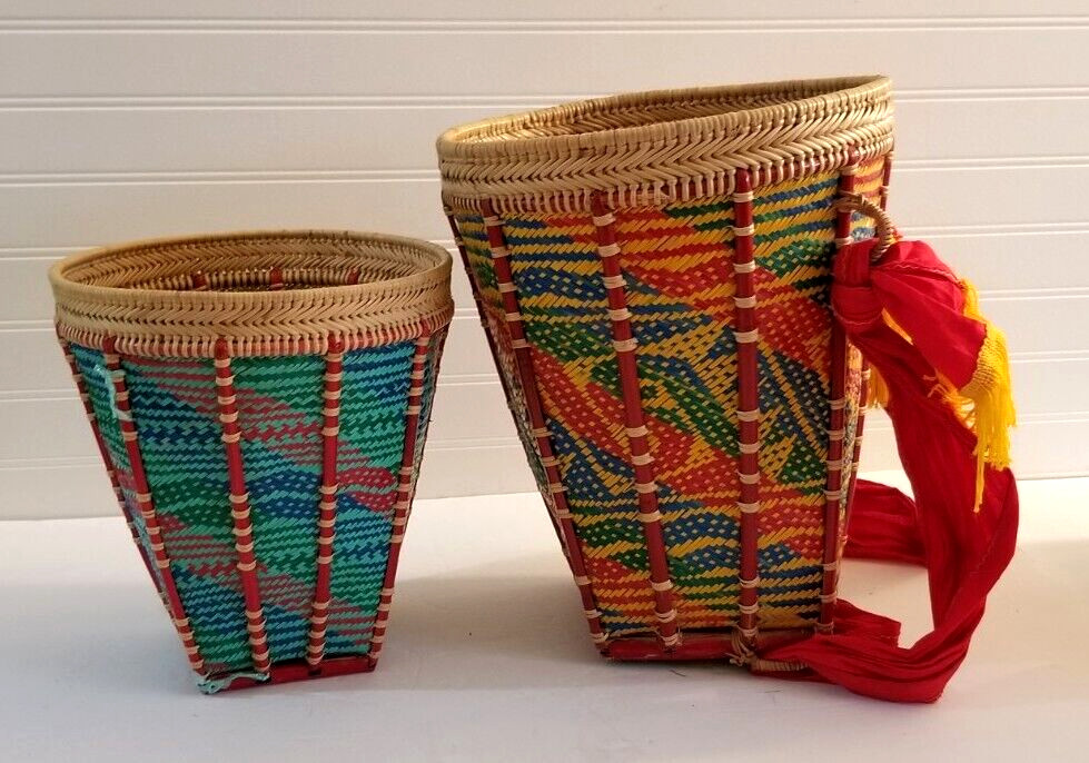 Vintage Dayak Indonesian Borneo Rattan Carrying Baskets BOHO Wall Hanging