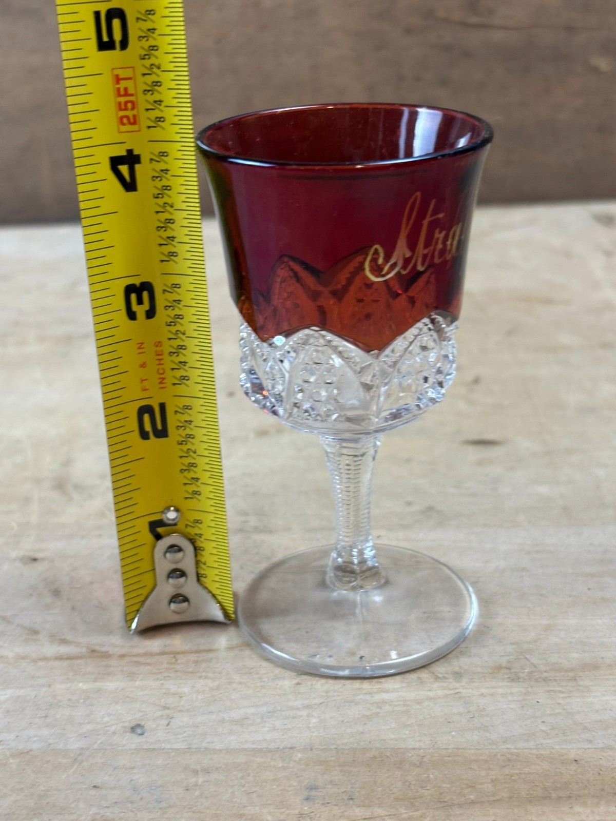 #44G Antique Stratford Ruby Red Flash Souvenir Glass Cut Glass Goblet