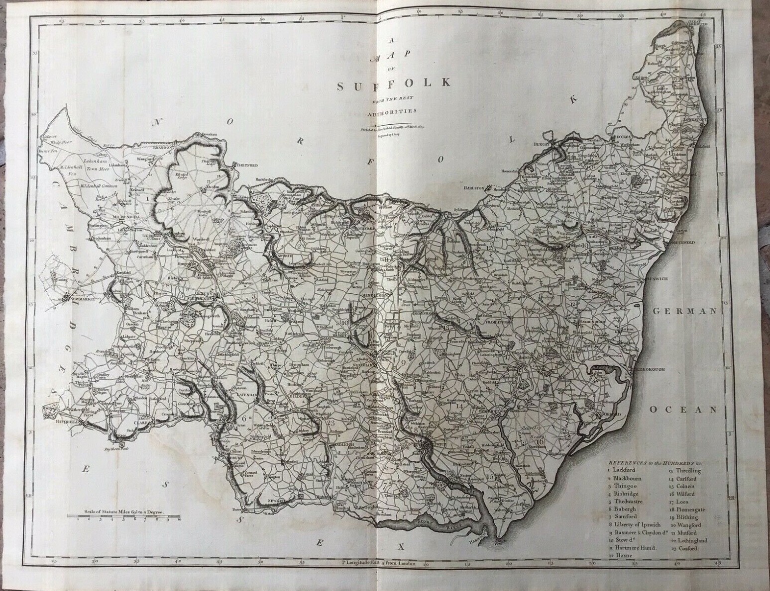 1805 Large John Cary Map – SUFFOLK, ENGLAND – Camden’s “Britannia” – Watermarked