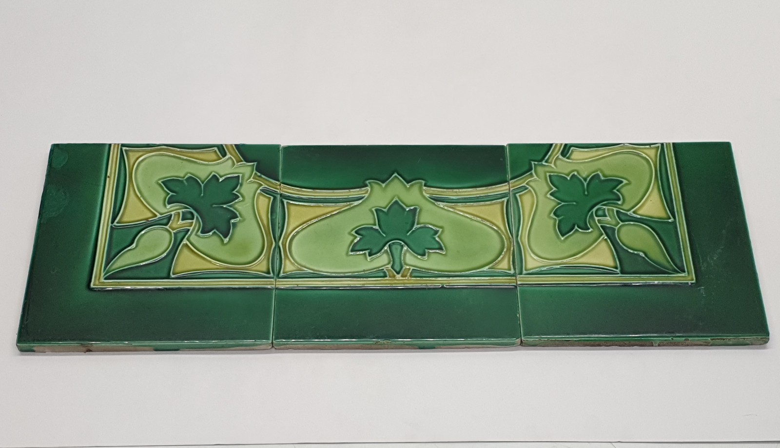Set of 3 Antique Fireplace Tiles Green Floral Majolica Alfred Meakin C1900