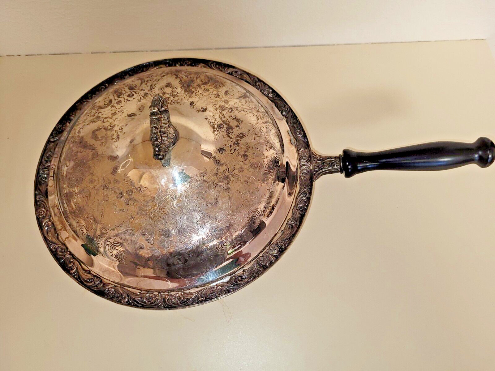 Chaffing Pan Dish Antique Silver Plated with Engraved Lid and Wood Handle