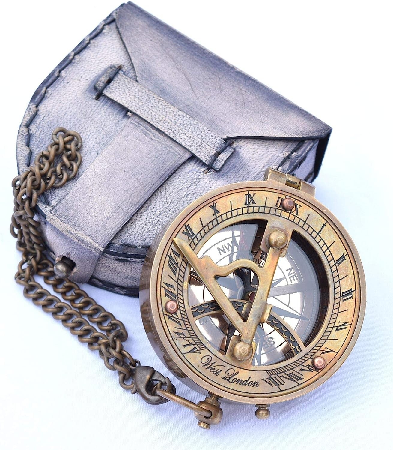 Brass Sundial Compass with Chain & Leather Case Gift for all occasions