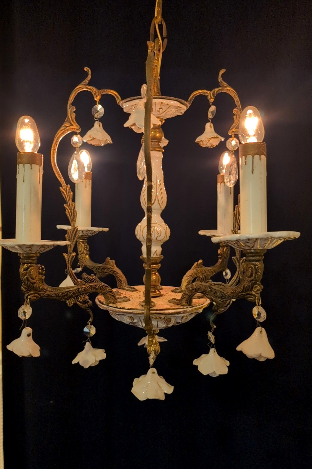 Vintage Capodimonte French Birdcage White Porcelain Rose 4 Light Chandelier