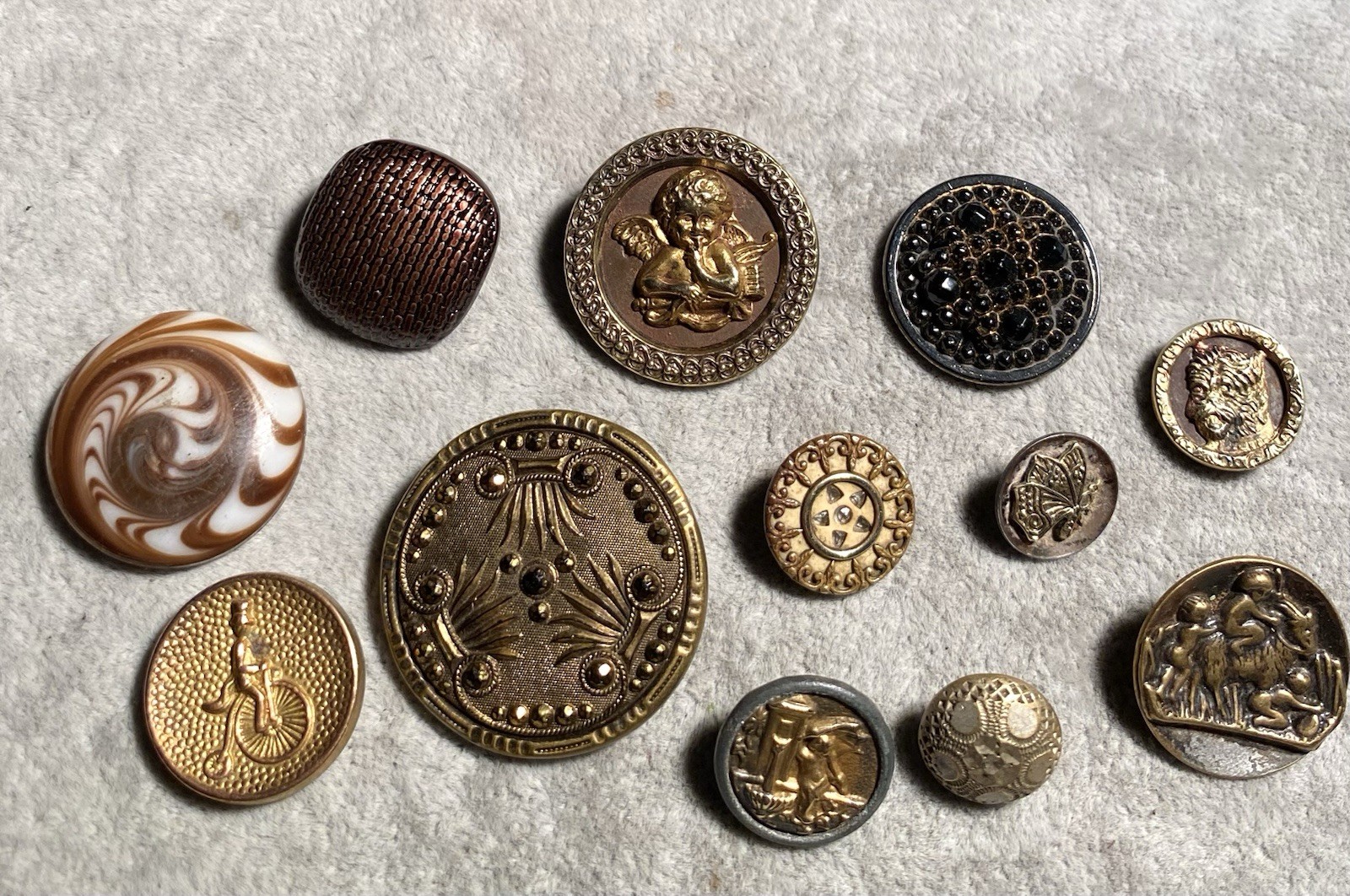 Antique Button Group Of 12 Glass In Metal ,Celluloid, Metal, Glass 1/2” -1-1/4”