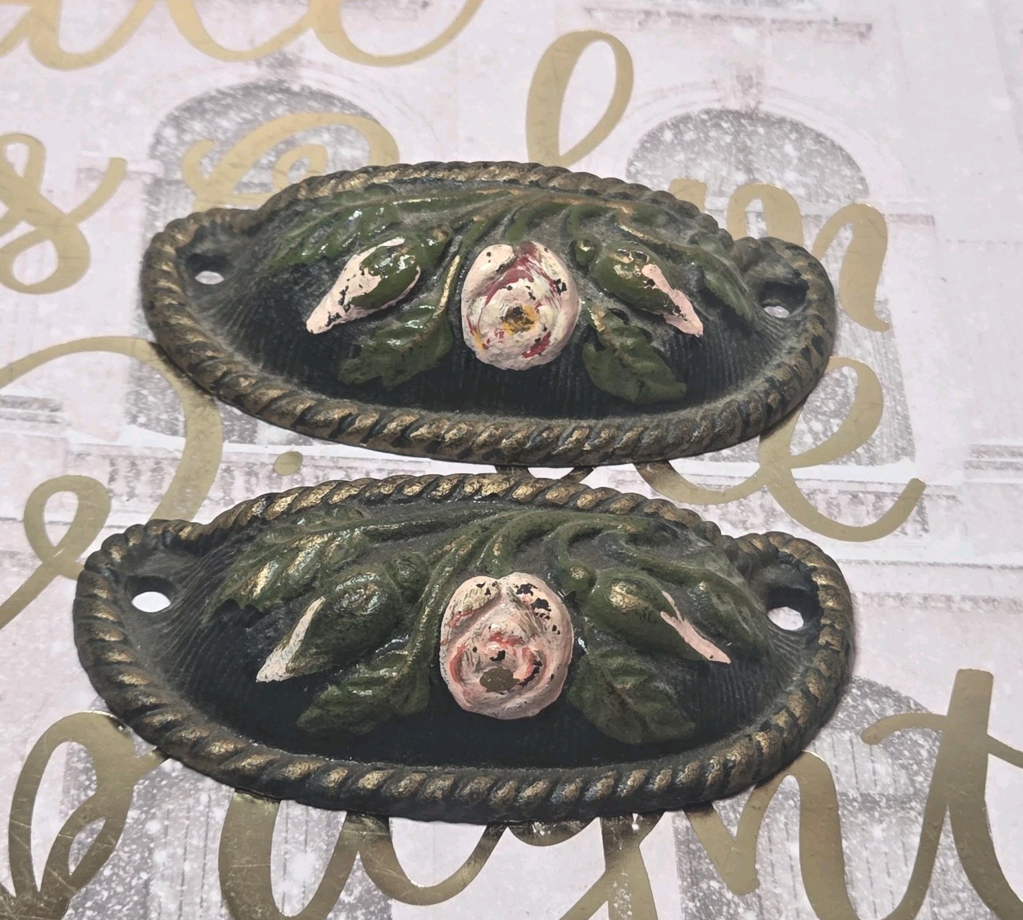 Victorian Style Pink Flower Cast Iron Drawer/Bin Pulls (2) 4×2″ Shabby Repros?