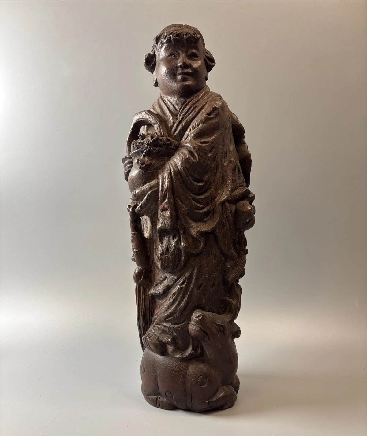 Fine Antique/Ancient Carved Bamboo Figure Of The Immortal Magu W/ Flower Basket