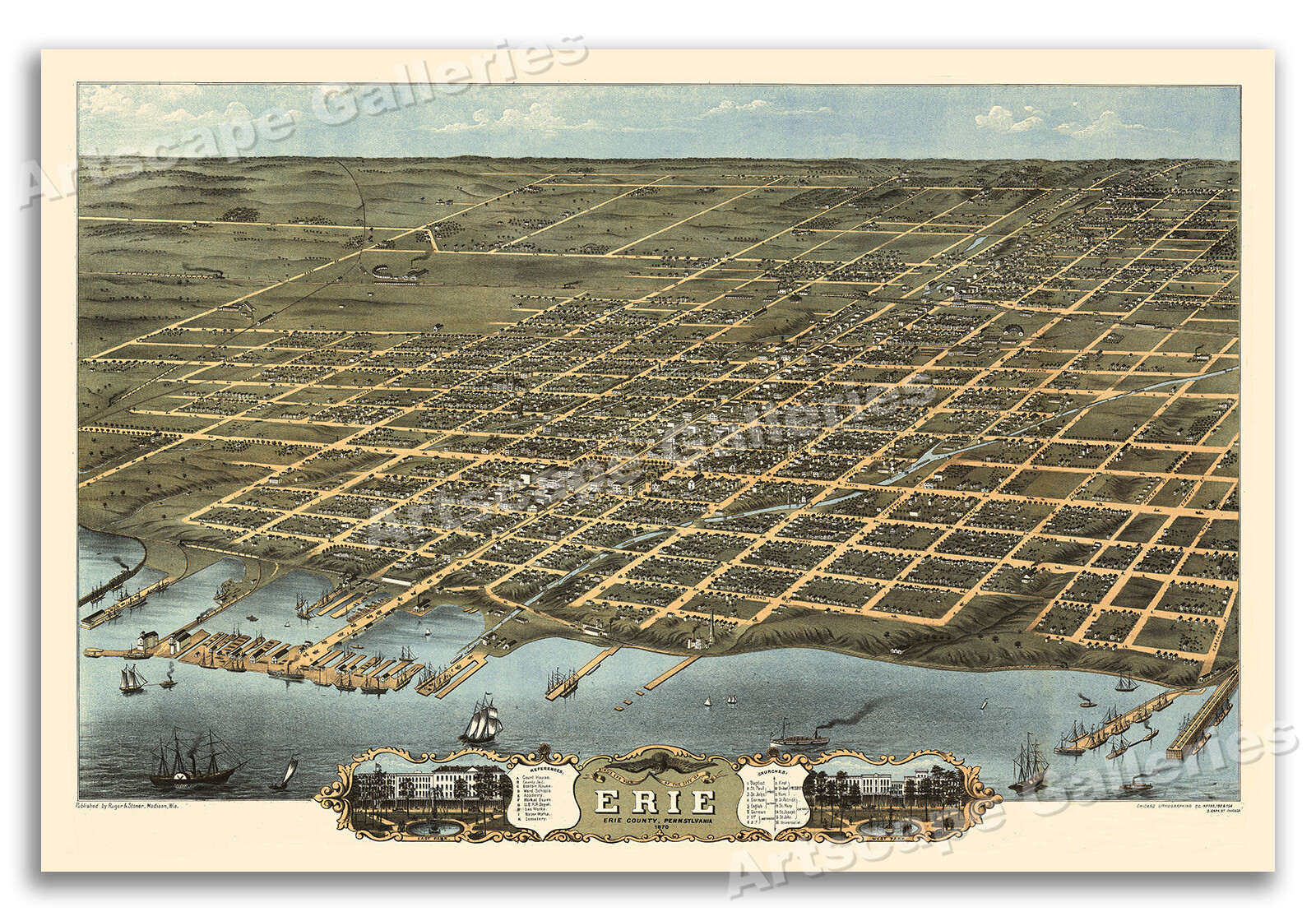 Bird’s Eye View 1870 Erie Pennsylvania Vintage Style City Map – 16×24