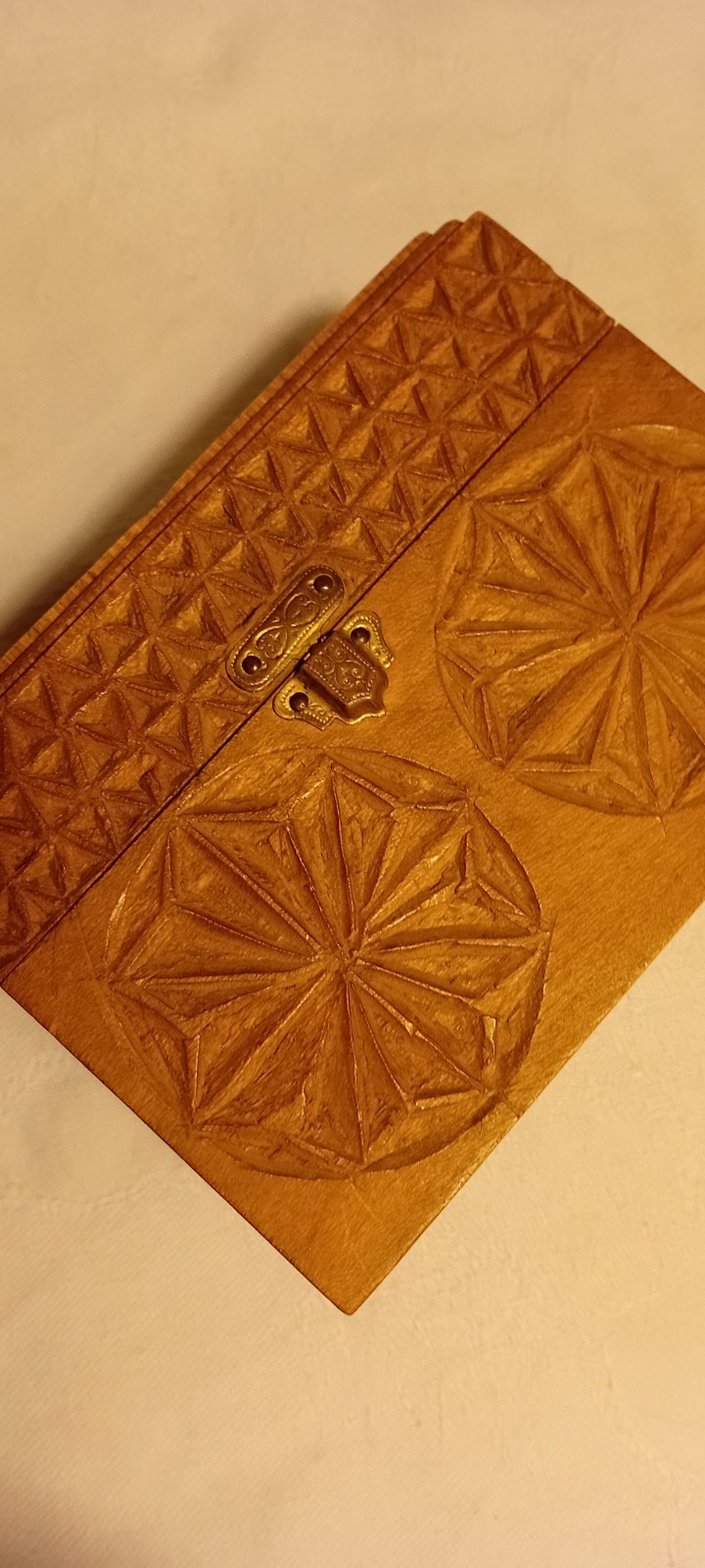 Vintage Nicely Carved Card Case Box Light Wood Star Geometric Patterns