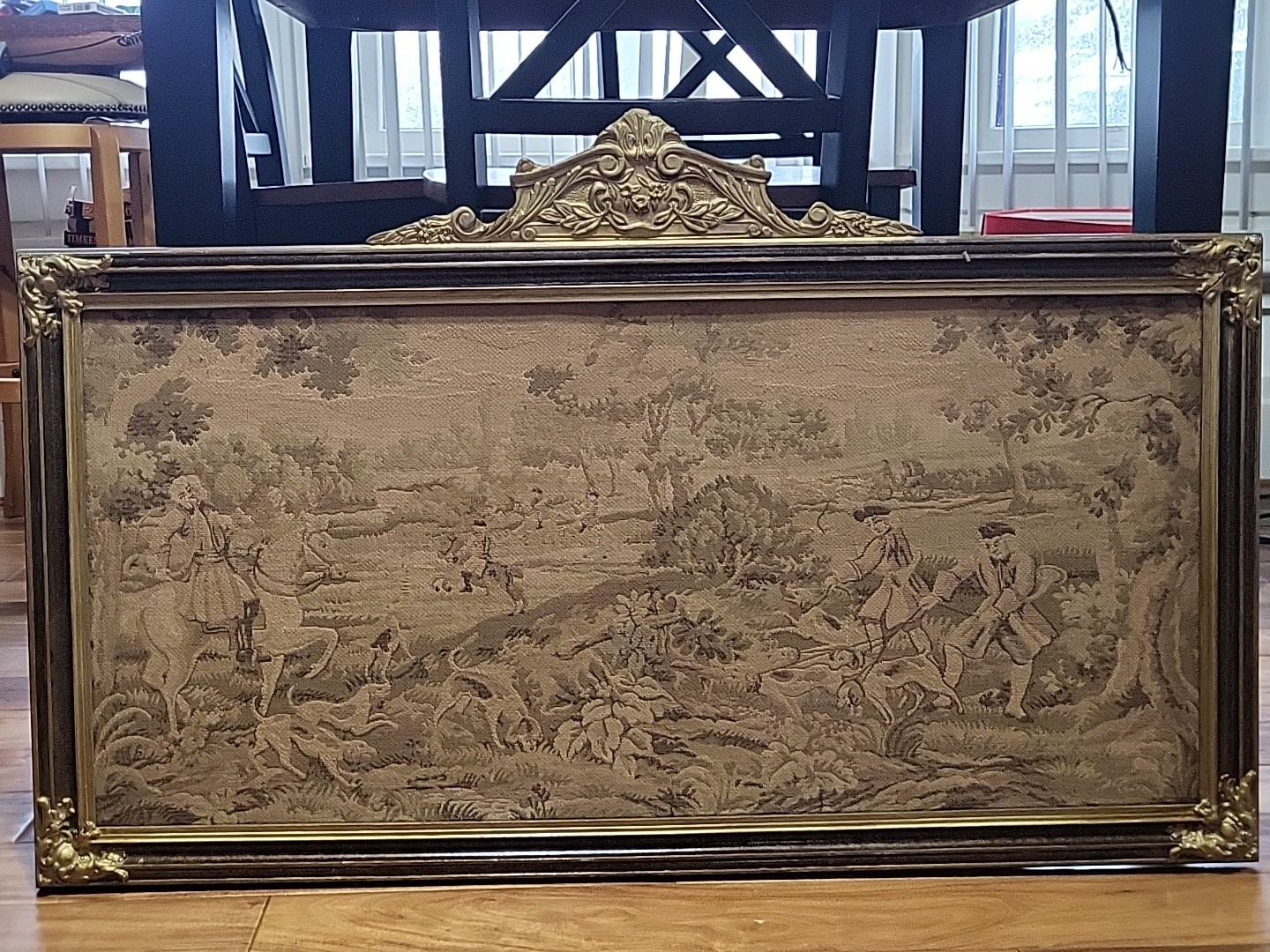 Antique Tapestry Victorian French Wall Hanging Framed 38×18″ Faded Horse Hounds