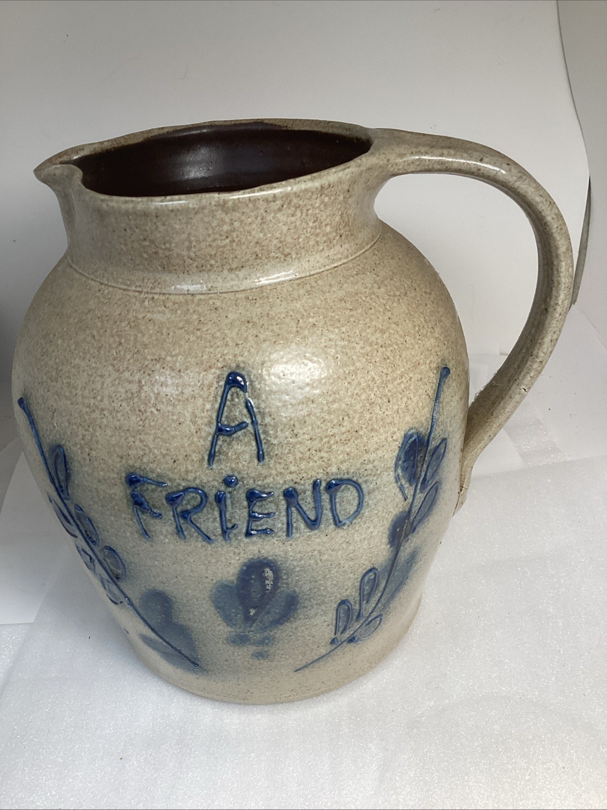 Pennsylvania Pitcher Salt Glazed Stoneware Cobalt Script Antique 1 Gallon 8”
