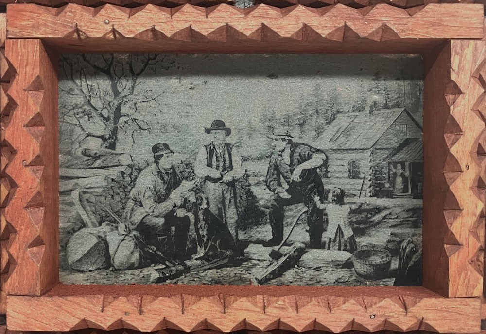 TRAMP ART FRAME – Currier Ives Etching – by Geo G Borum (1913-2012) (J-1A)