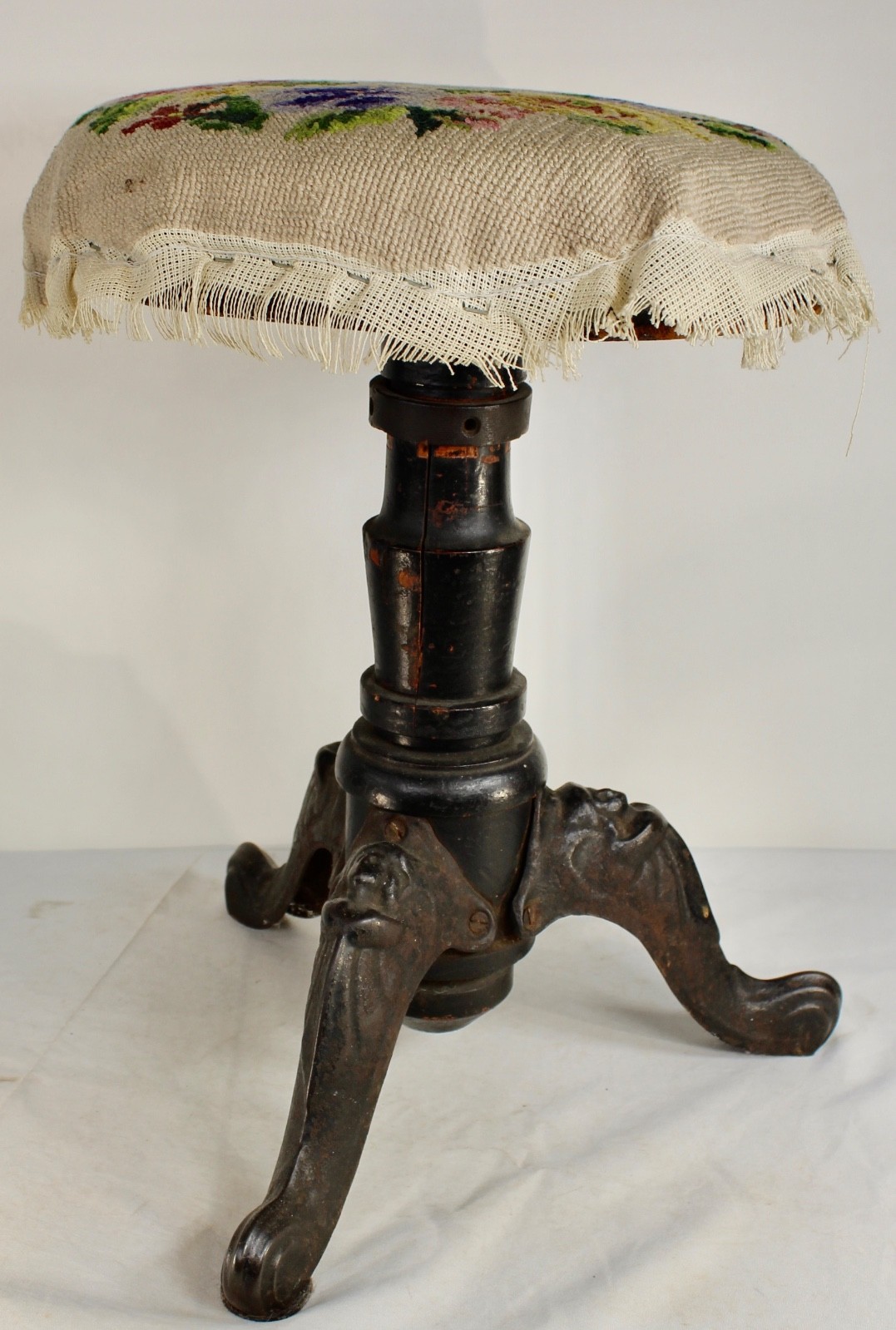 Antique Piano Bench Stool Seat Fabric Top Iron Legs Wood Base Primitive Stool