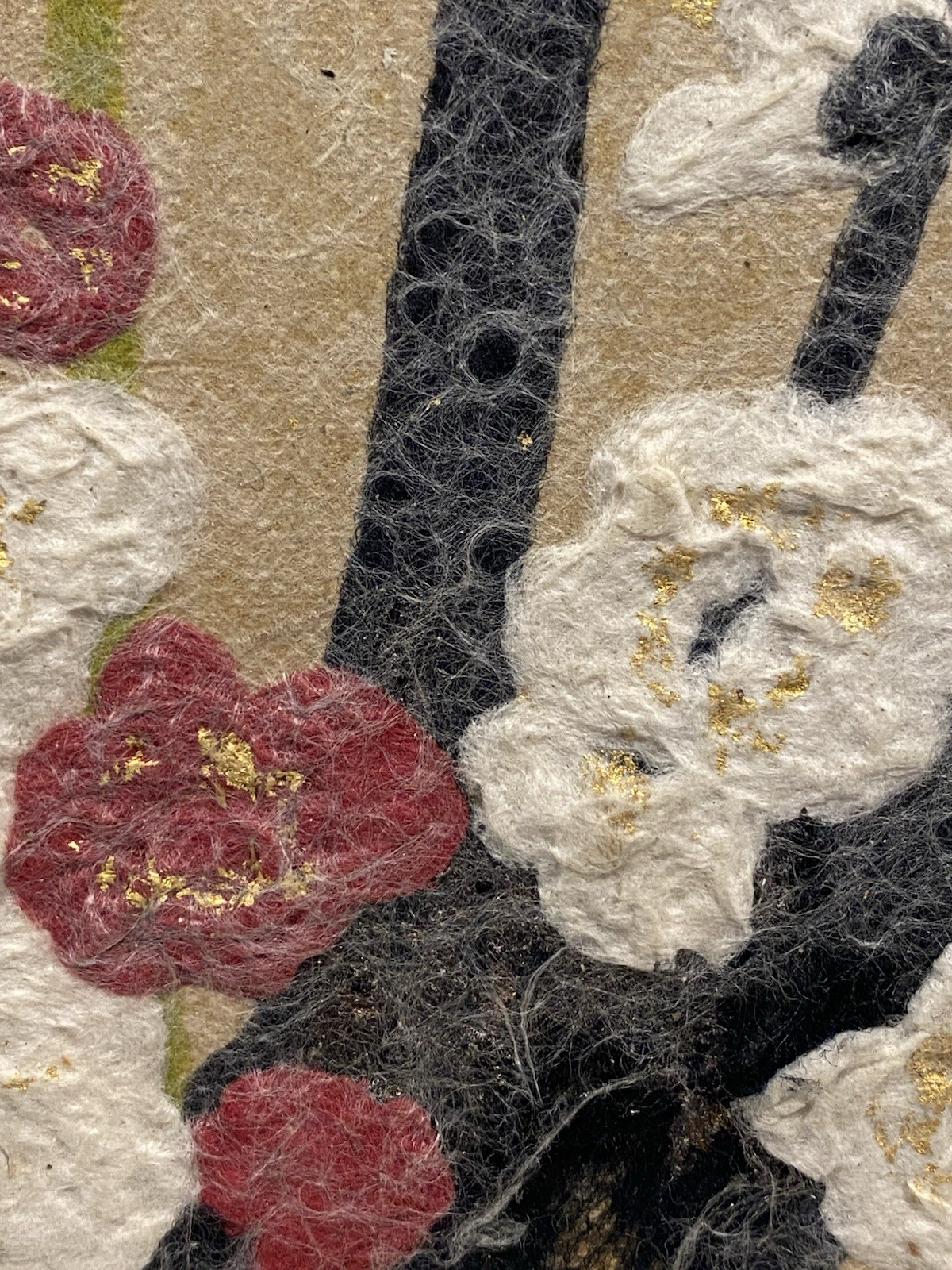 Japanese Washi Chigiri-e Plum Blossoms Painting Signed Fukusen Mid-Century