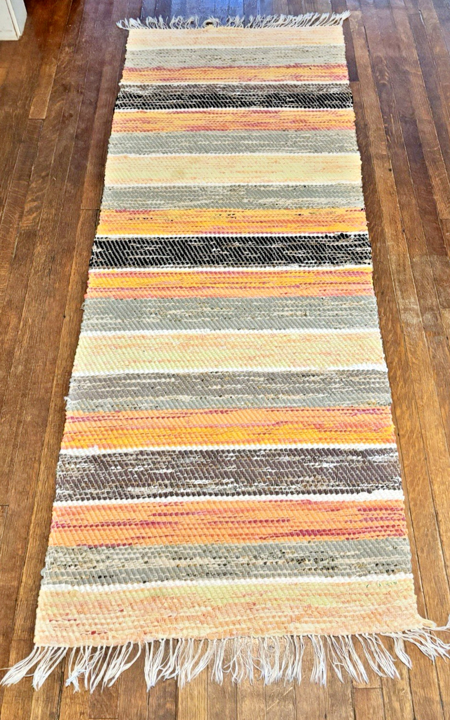 Sunny Bright Hand Made Rag Rug (28 x 73 inches) 1930s