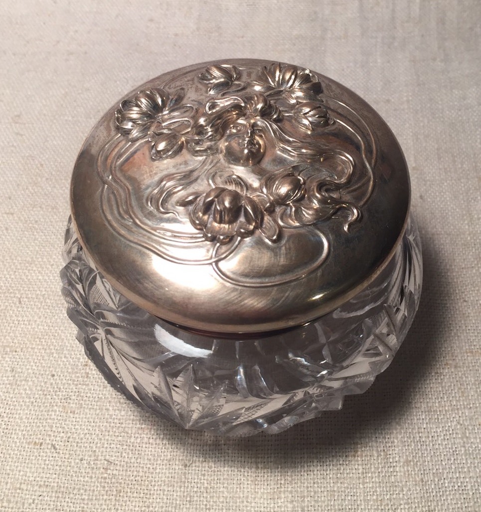 Kerr Antique Art Nouveau Lady Sterling Silver & Cut Glass Vanity Jar