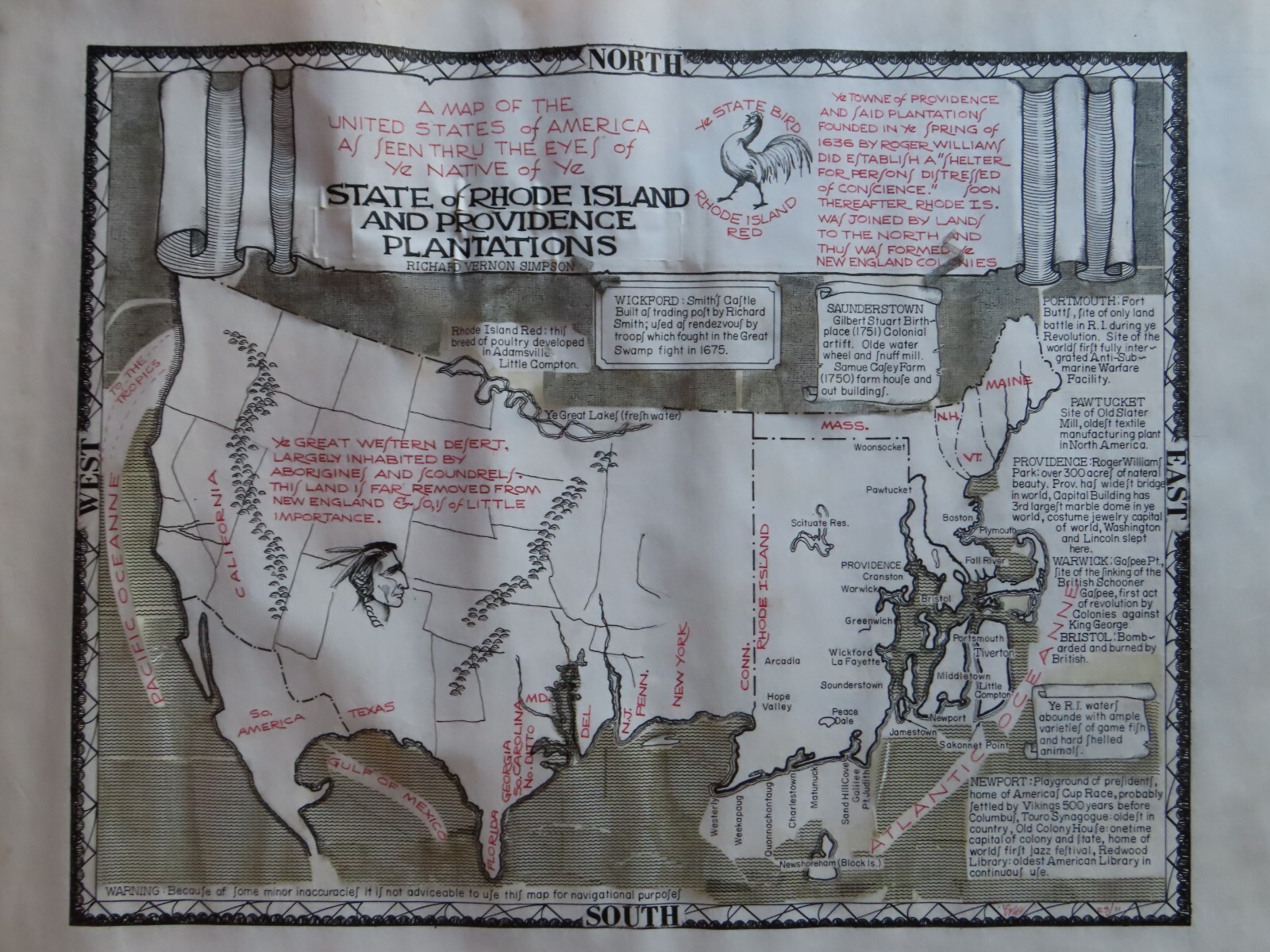 Vintage One-of-Kind 1963 RHODE ISLAND and Providence Plantations US Map Poster