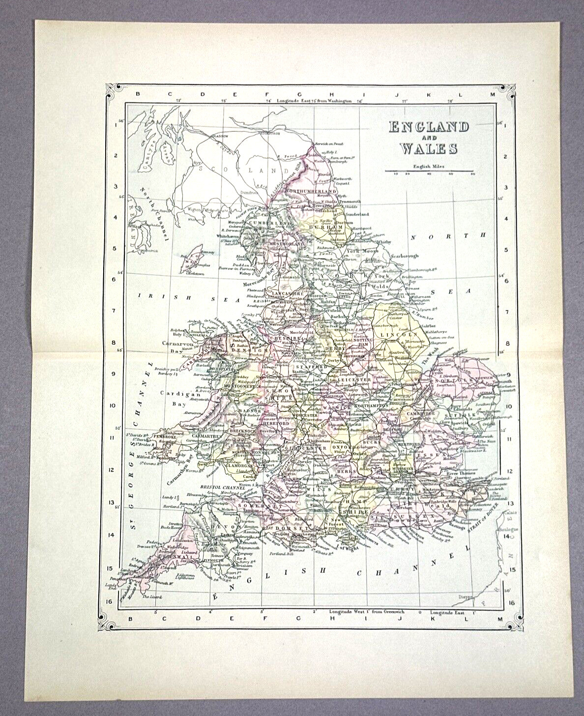 Antique Illustration Map of England and Wales Encyclopedia 1901