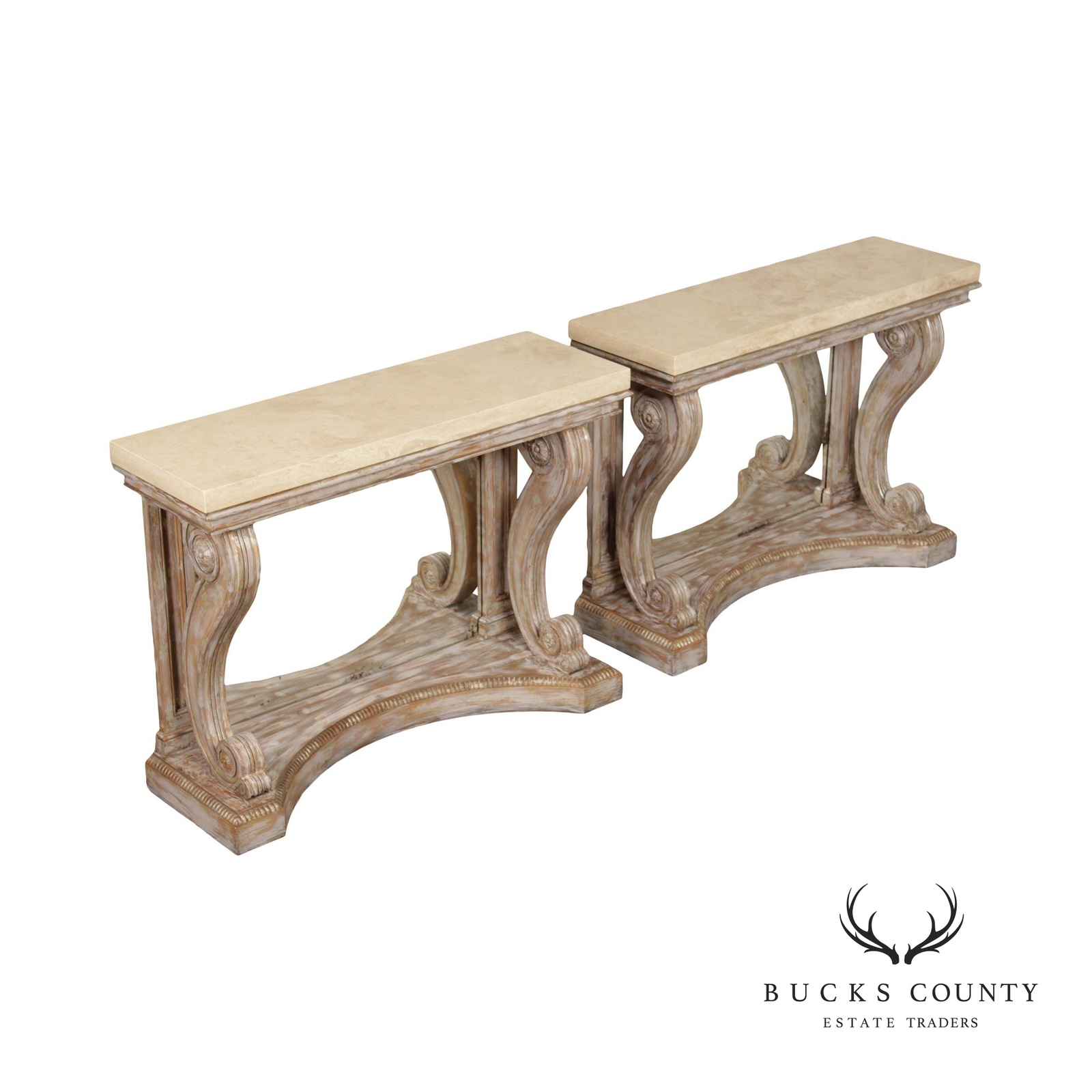 Neoclassical Empire Pair of Scroll Carved Travertine Top ‘Blenheim’ Consoles