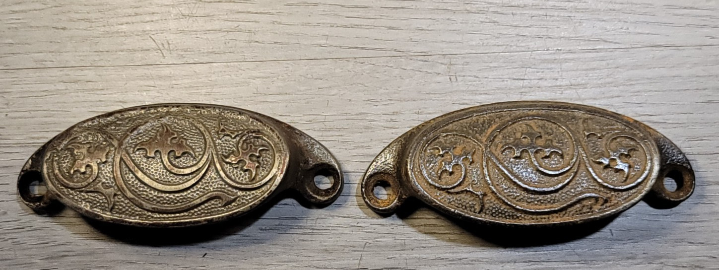 Antique Apothecary Bin Cabinet Drawer Handle Pull Cast Iron Cup Original Pair