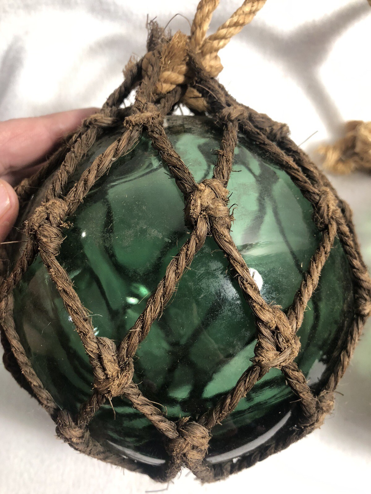 (2) VTG 60s Green Glass 5″ Fishing Floats Buoys w/Fishnet From SW ICELAND Coast