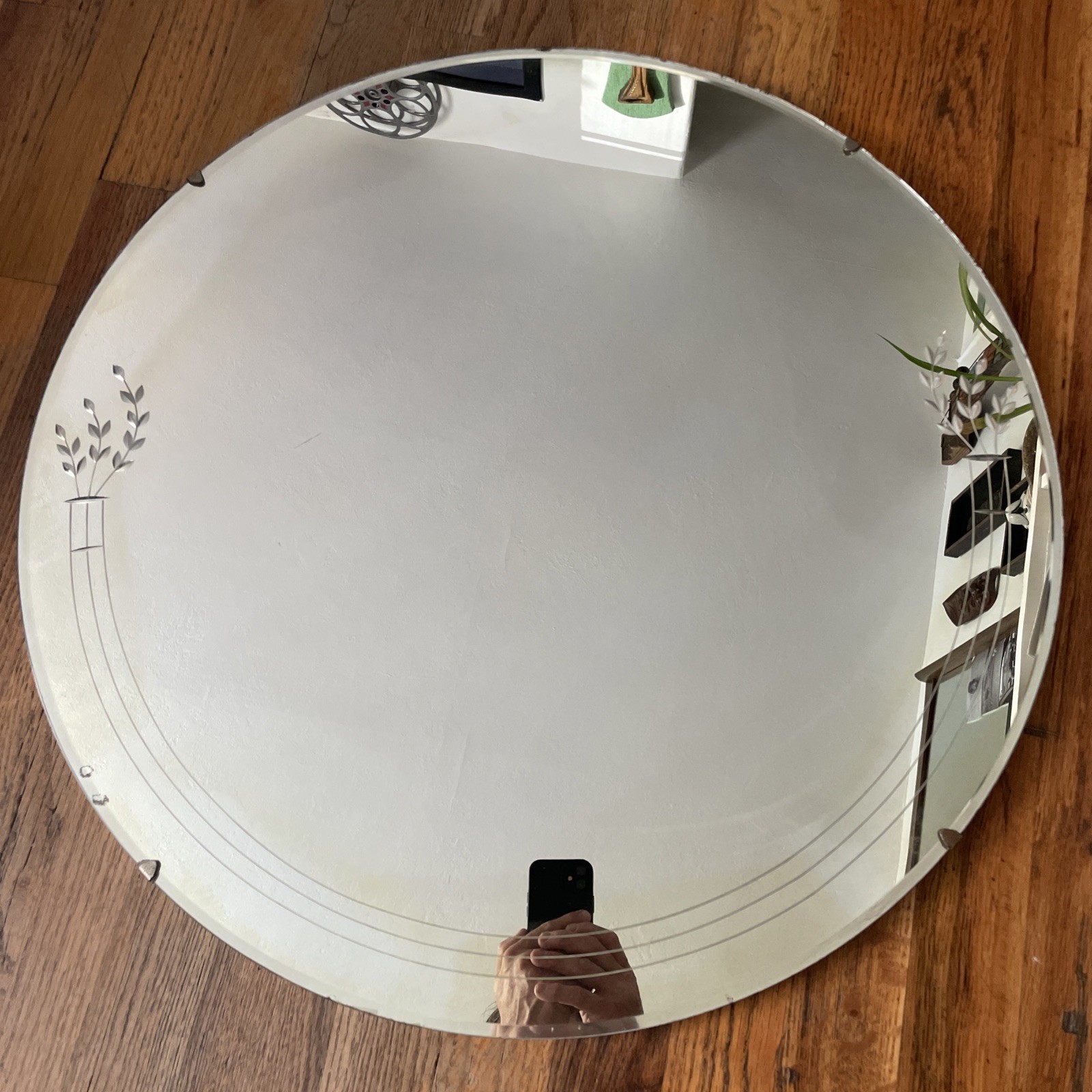 VINTAGE ROUND ART DECO FRAMELESS FLORAL ETCHED BEVELED GLASS MIRROR 24” 1930’S