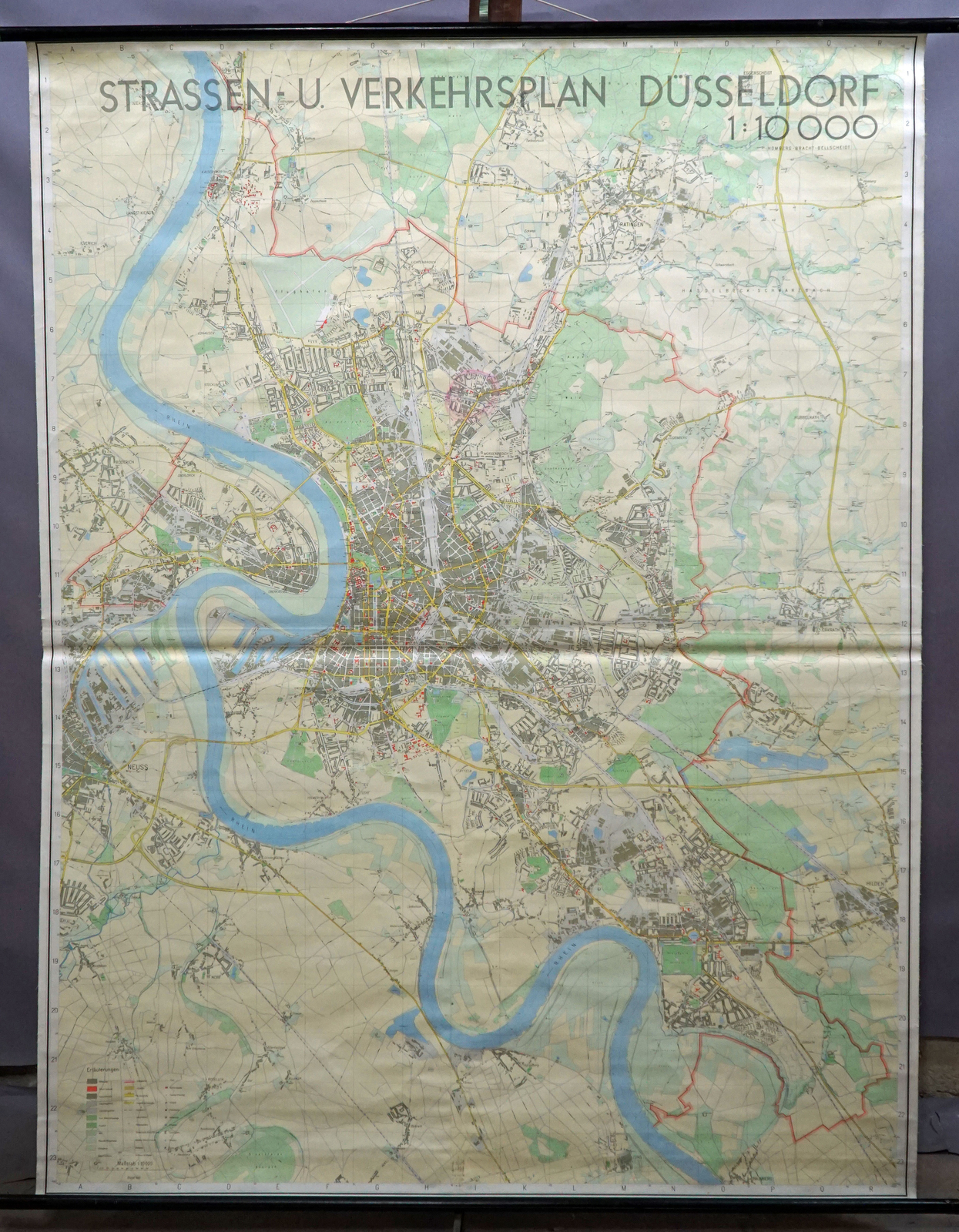 Road Map Traffic Plan of Duesseldorf Rollable Mural Vintage wall Chart