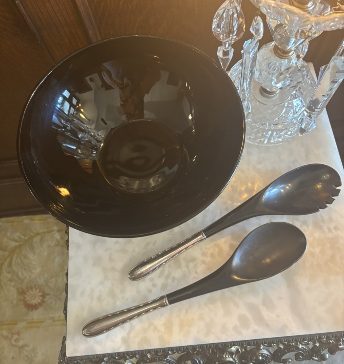 Silver Flutes Sterling Silver Black Salad Set (3 pieces) and Bowl Mid Century