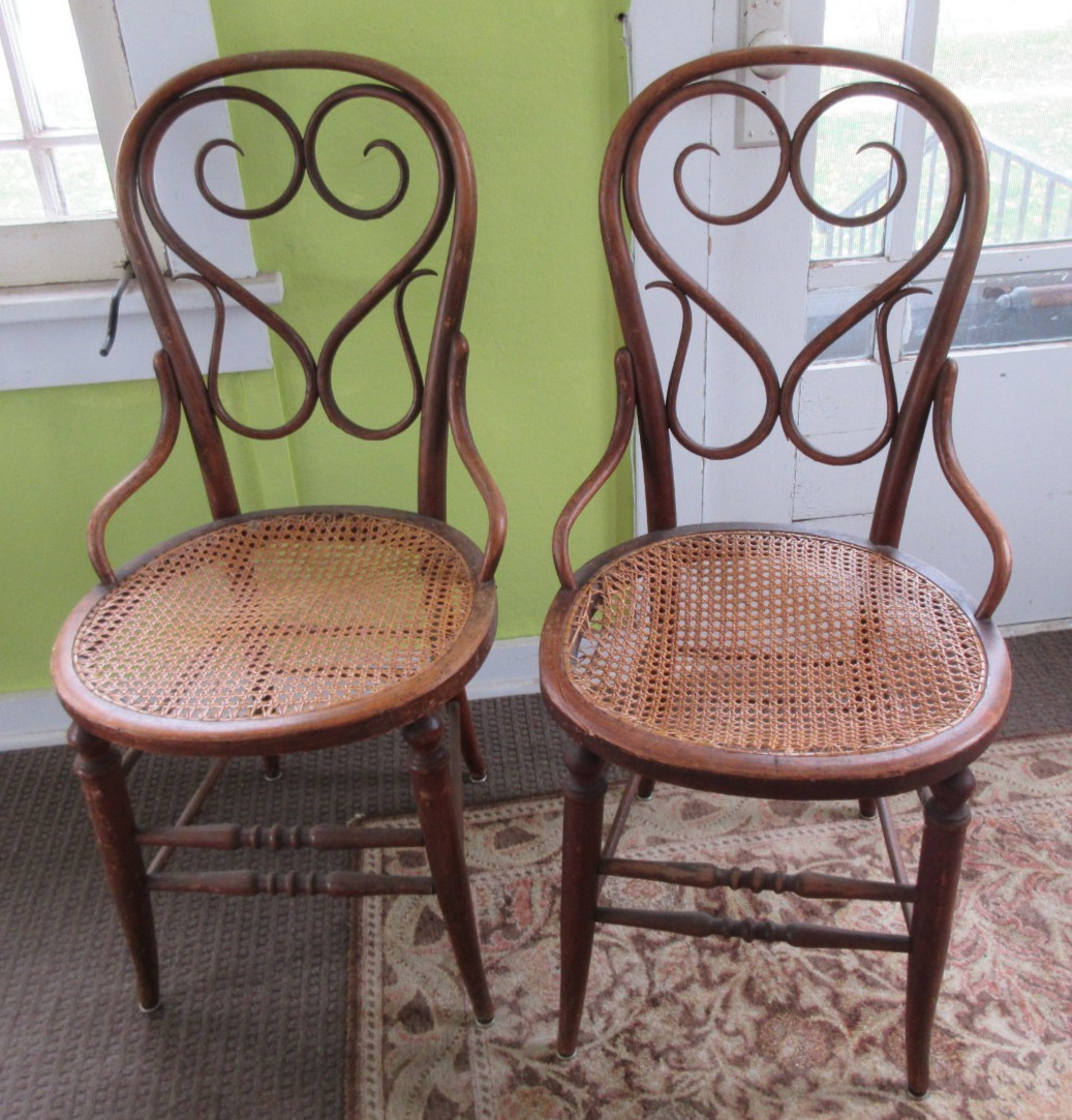 RARE PAIR ANTIQUE BENTWOOD CANED THONET BISTRO / CAFE CHAIRS FROM LOCAL ESTATE