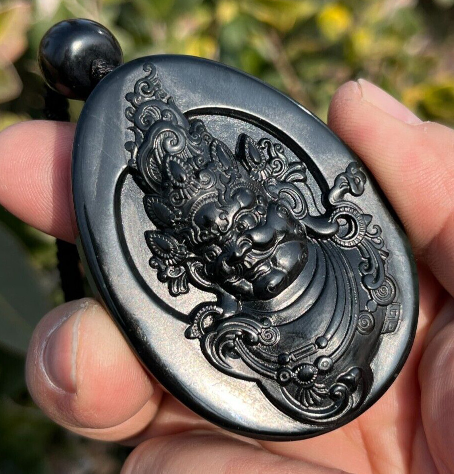 85.1g 100% NATURAL HOTAN BLACK GREEN JADE HAND CARVED yellow fortune god PENDANT