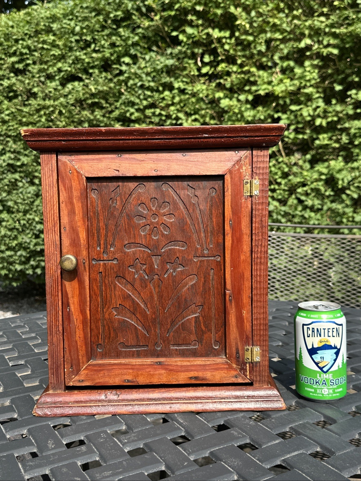 PRIMITIVE ANTIQUE WOODEN CABINET CUPBOARD 2 SHELF NORTHERN CARVED PANEL DOOR