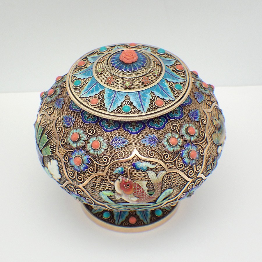 Antique Chinese Cloisonne Enamel Covered Bowl Gilt Sterling Silver with Gems