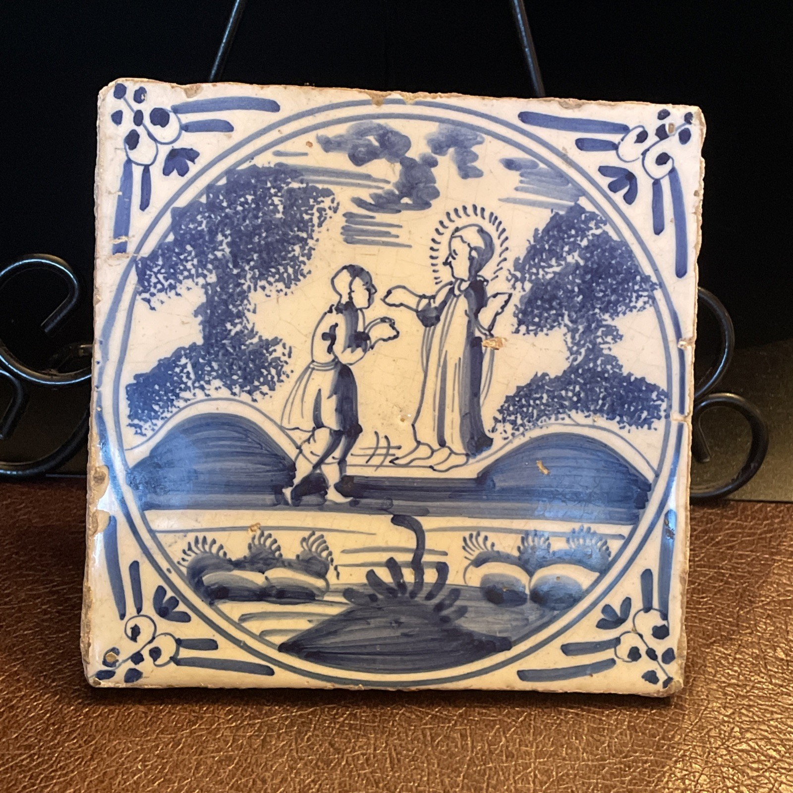 Jesus Prodigal Son Dutch Delft blue biblical tile 18th C. Christian Antique Old