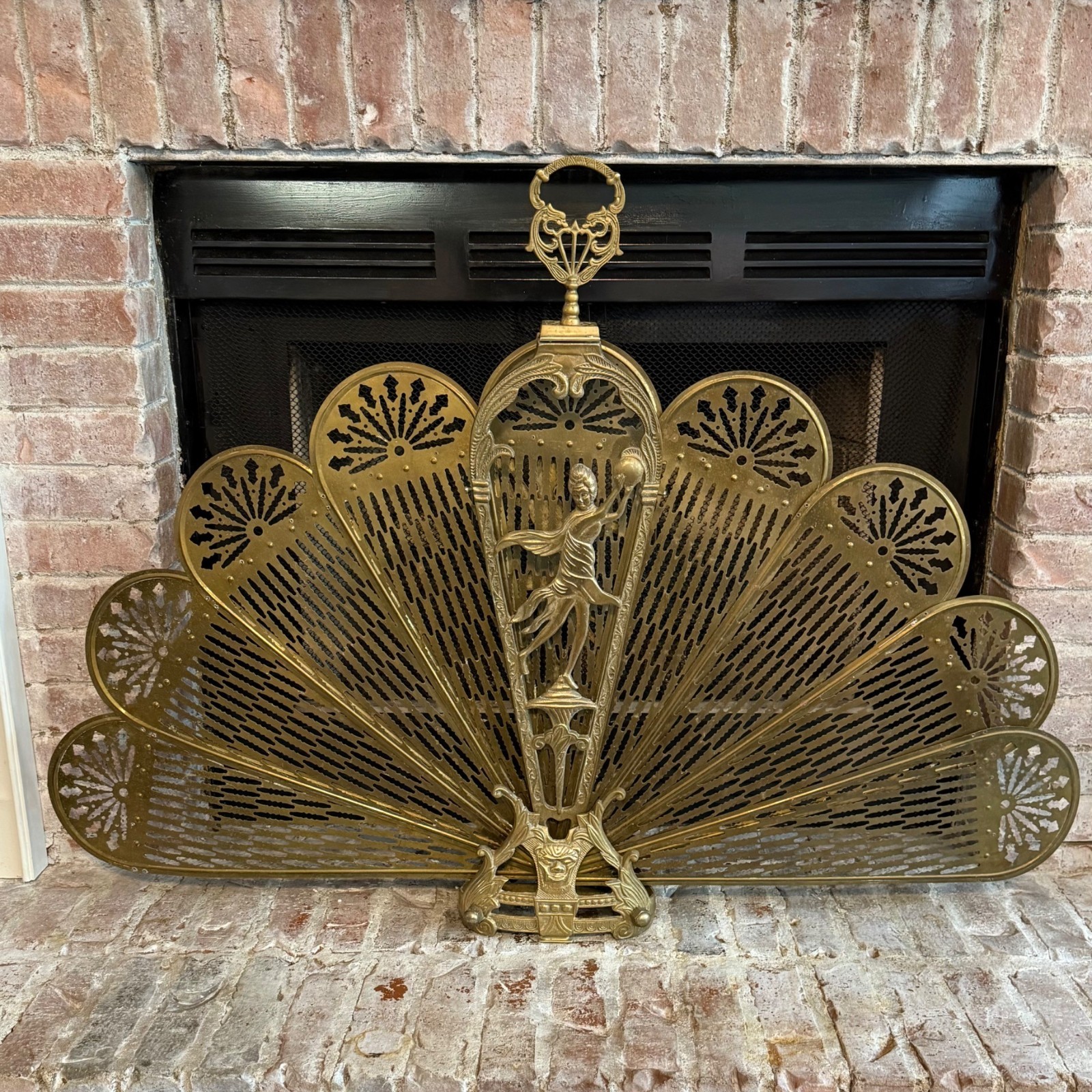 XL Vintage Art Deco Fireplace Screen Brass Ornate Peacock Folding Fan Rare 47″ W