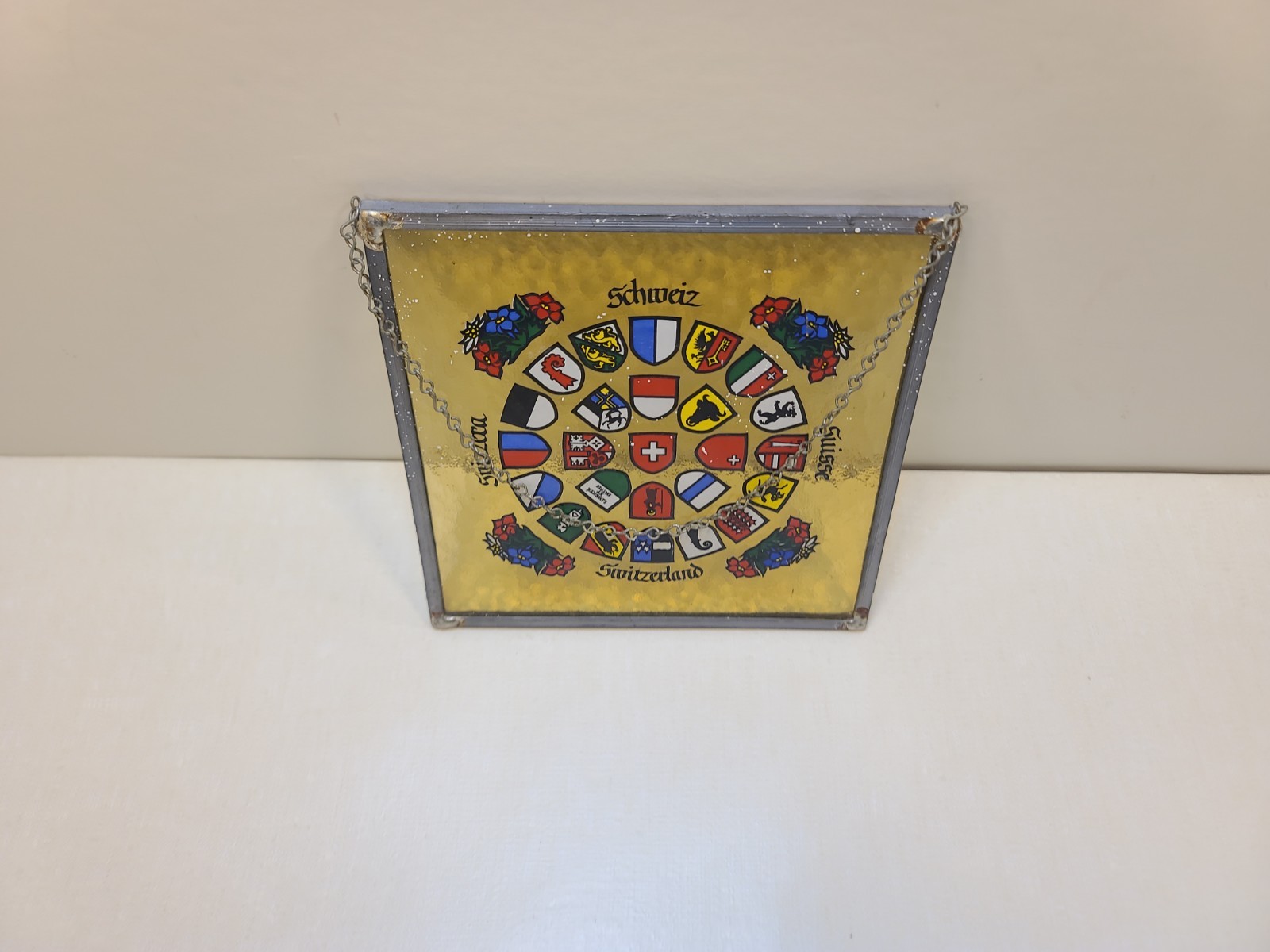 Vintage Switzerland Stained Glass Panel – Swiss Coat of Arms & Cantons – 6×6″