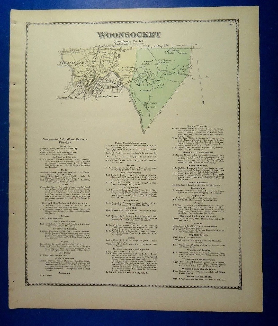 1870 Woonsocket, Providence Co., Rhode Island, Hand-Colored Map, D.G Beers Co.