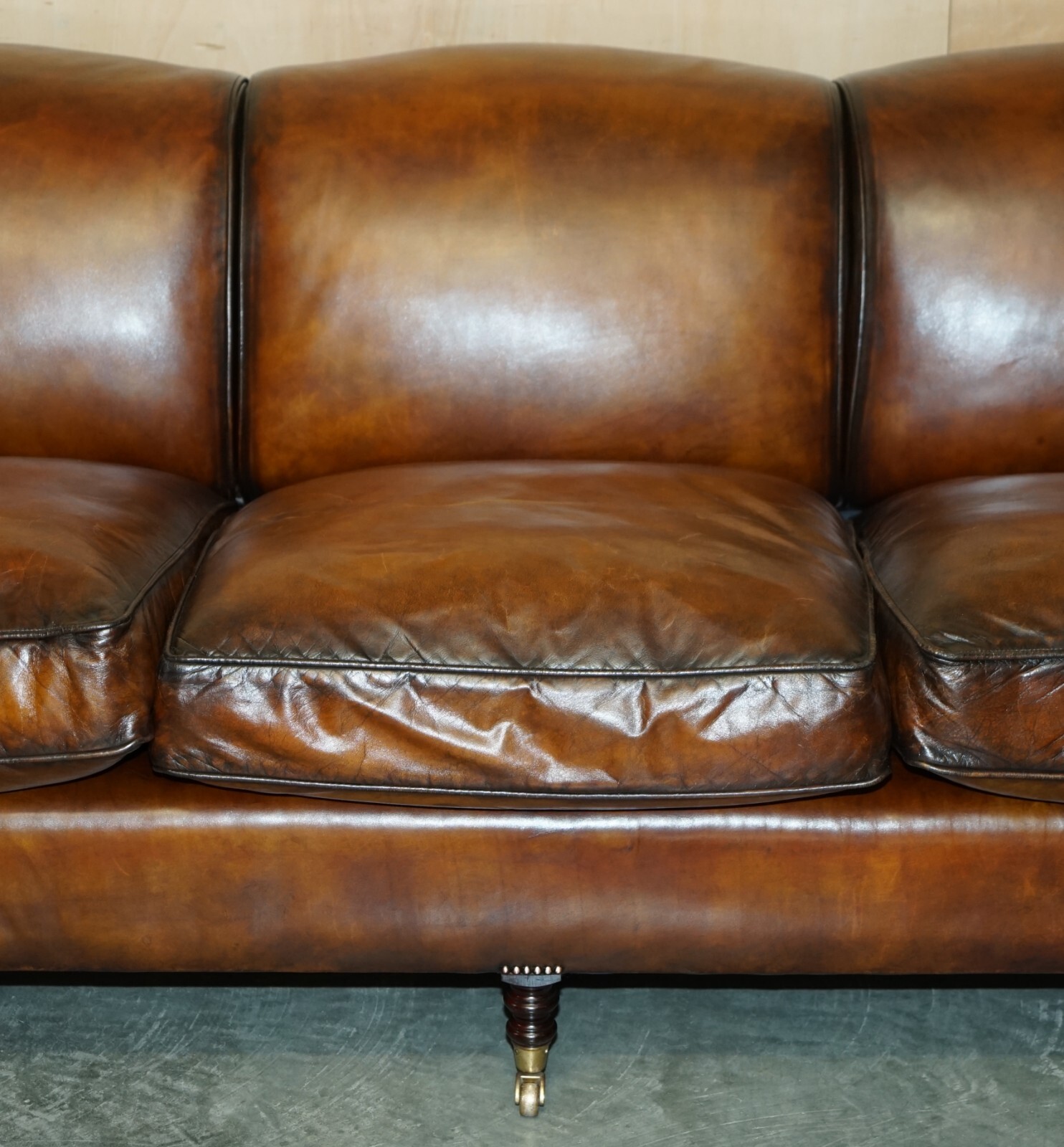 1 OF 2 LARGE GEORGE SMITH HOWARD & SON’S BROWN LEATHER SIGNATURE SCROLL ARM SOFA