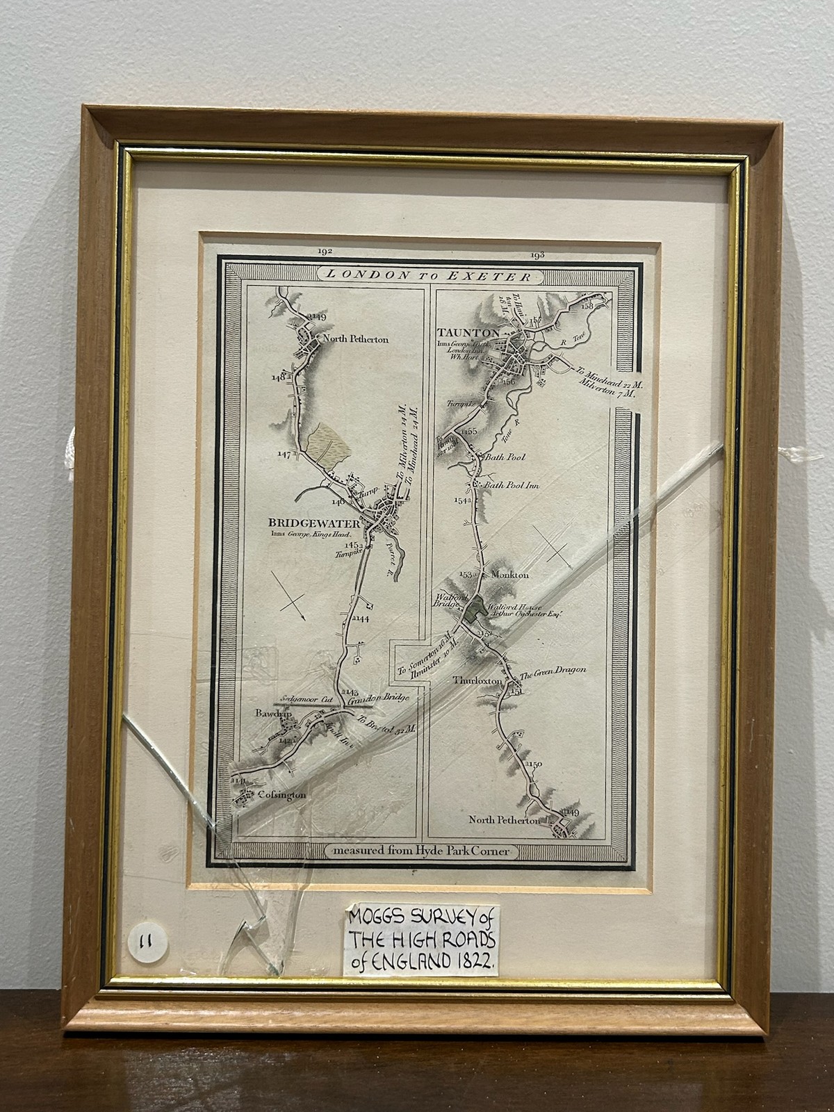 Antique 1822 Mogg Survey High Roads Map London to Exeter Taunton Framed