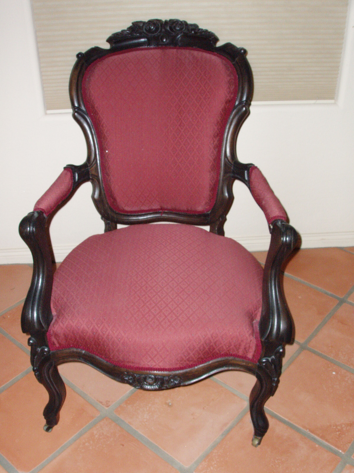 Antique Rosewood Gentlemens Parlor Chair Red Upholstery Firm Seat Black Wood