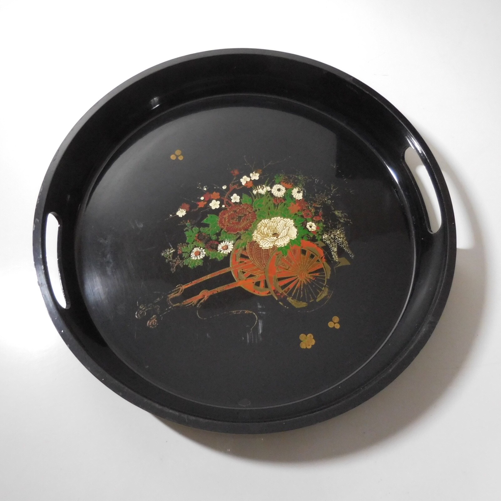 N25.8 Round Wood Trinket Tray Lacquered Paint Art Nouveau Flower Cart
