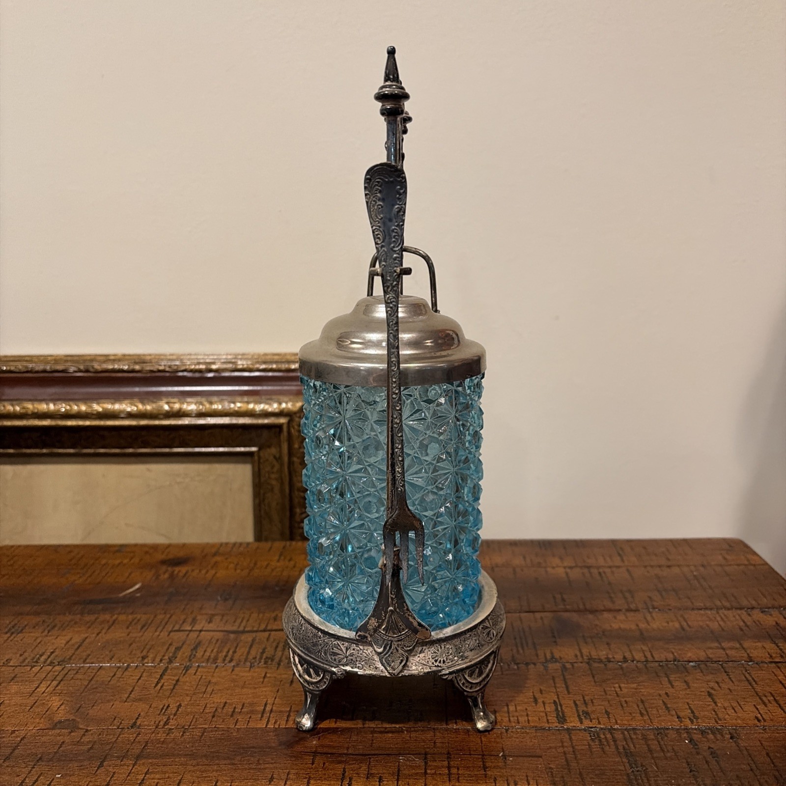 Antique Victorian Pickle Castor W/ Tongs Fork Textured Glass Blue READ DESC