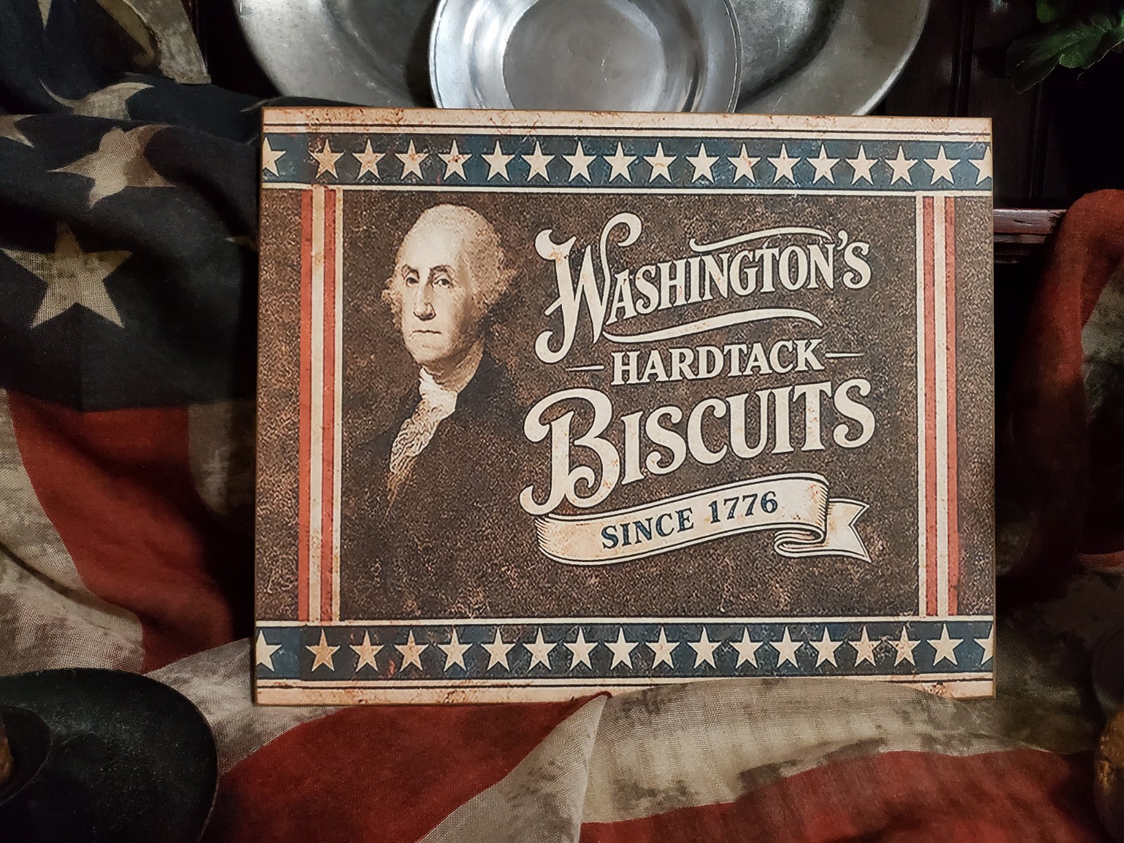 VINTAGE PRIMITIVE COLONIAL STYLE PATRIOTIC WASHINGTON BISCUITS HARDTACK USA SIGN