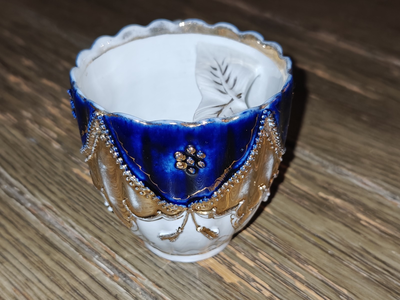 Vtg German Porcelain Embellished Mustache Cup Mug Cobalt Blue Gold Gilded Fancy