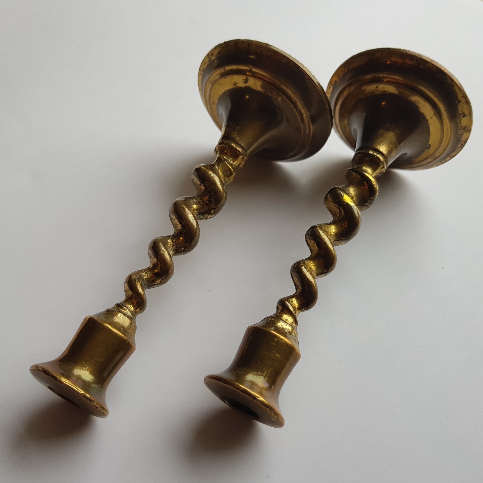 Antique cast brass candle sticks twist sprial stem 13cm British Victorian c1890