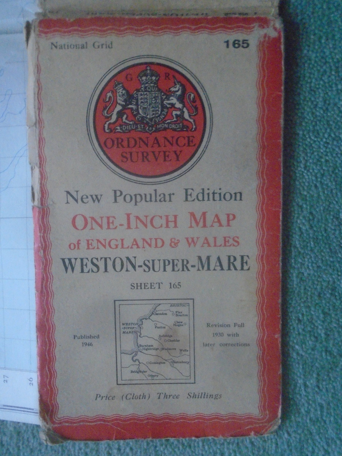 CLOTH Ord Surv Map 164 Weston Super Mare 1946 Bristol, bit. Bridgwater, Wells