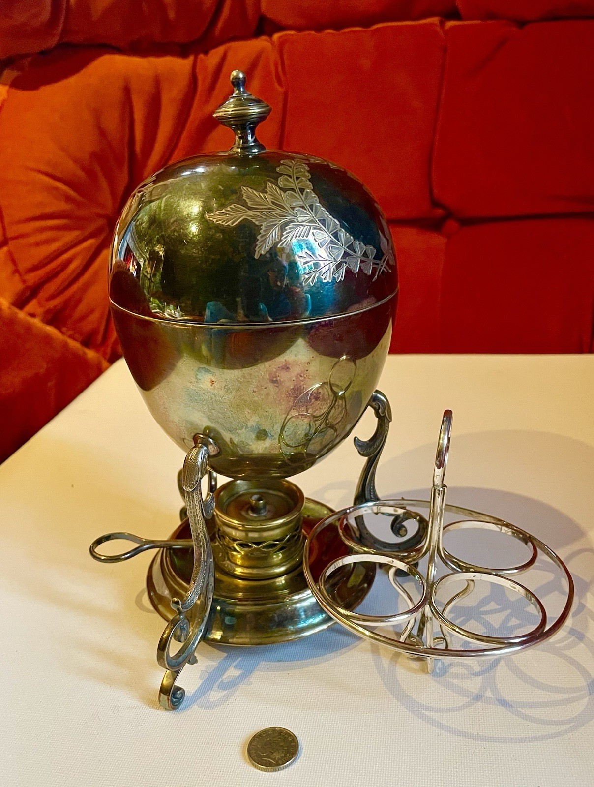 Antique 1890s English WILLIAM HUTTON Silver Plate 8.5” Egg Coddler with Egg Rack