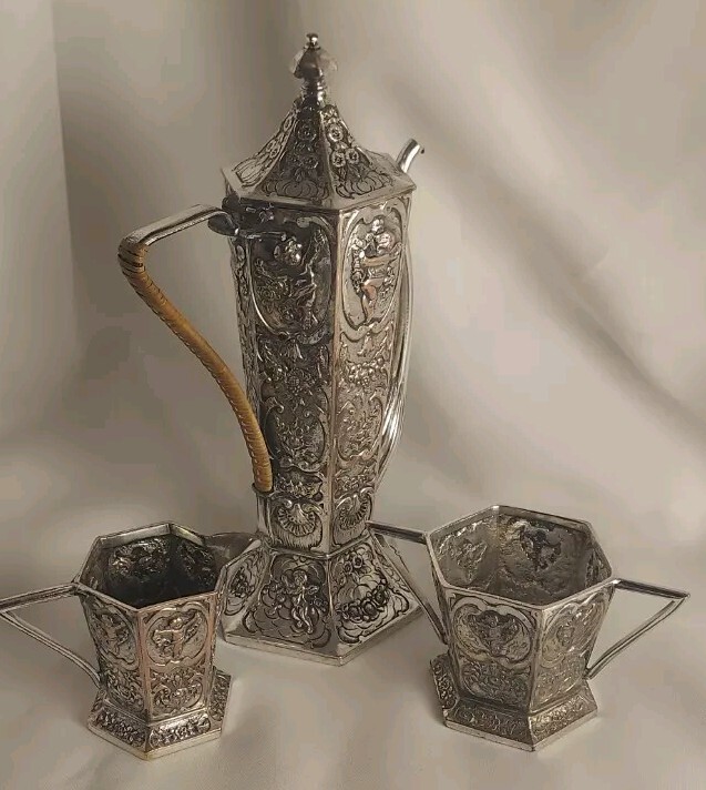 E.G. Webster Rocco Repousse Putti Cherub Gooseneck Teapot Set 1800s Antique