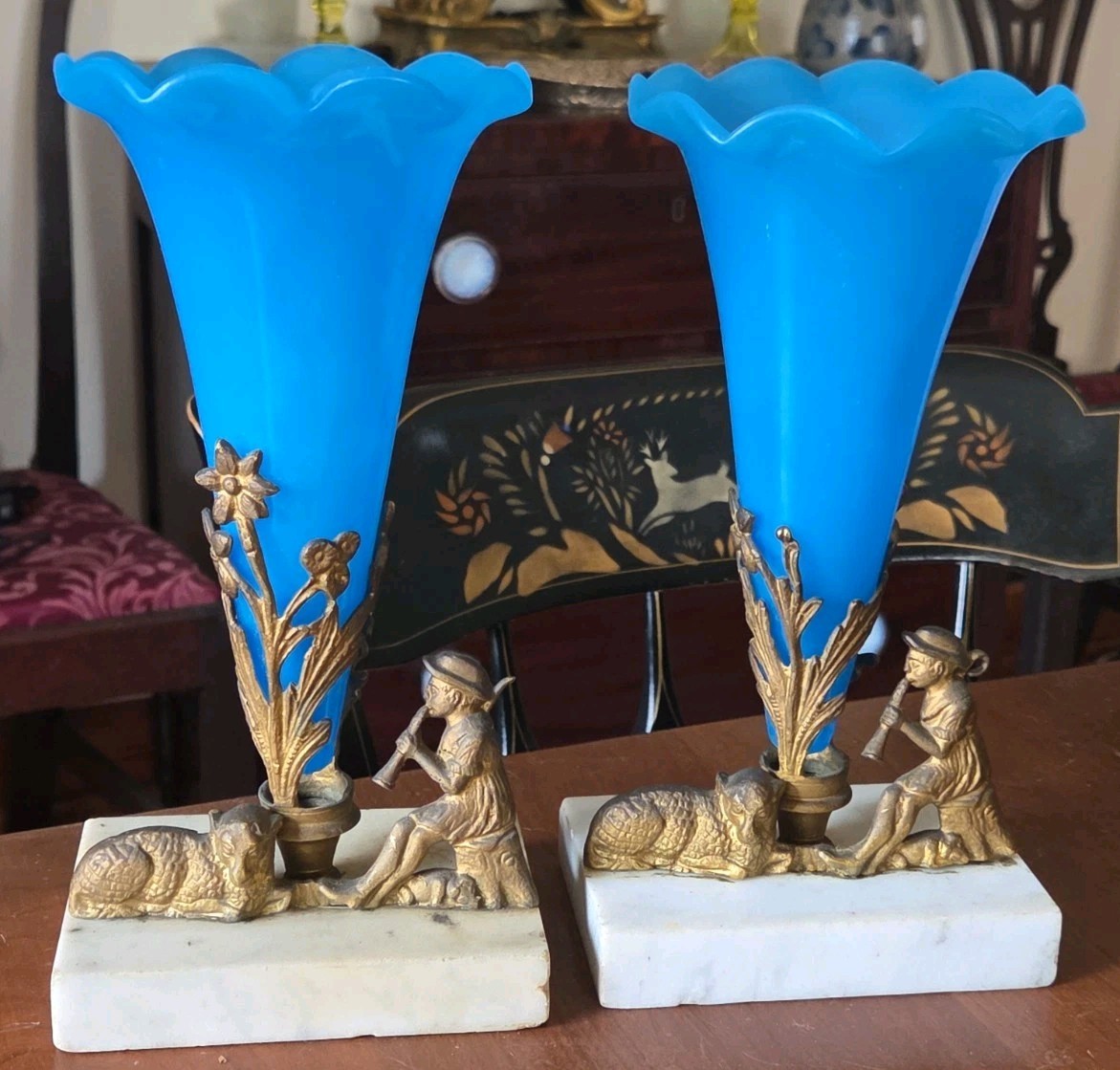 Pair Antique Garniture Vases Blue Glass Gilt Brass & Marble 19th Century