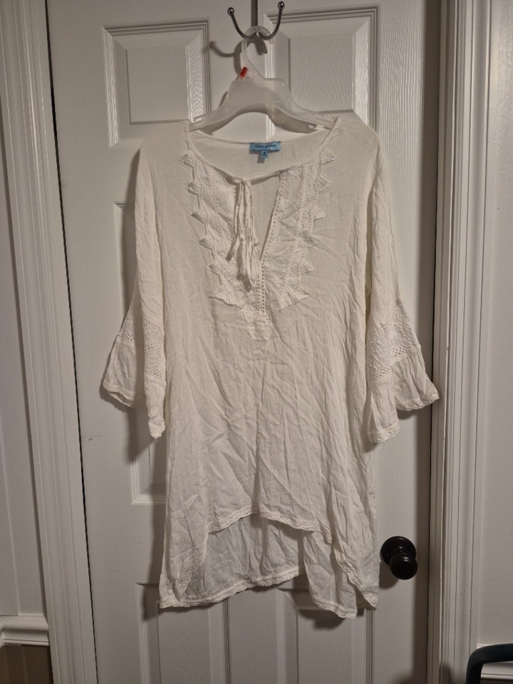 Ellen Weaver Embroidered Gauze Tunic Cottage Core Peasant Tassel Ties High Low